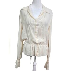 SUNNY LEIGH Pleated Peplum Silky Blouse With Bell Sleeves In Cream. Size S/M